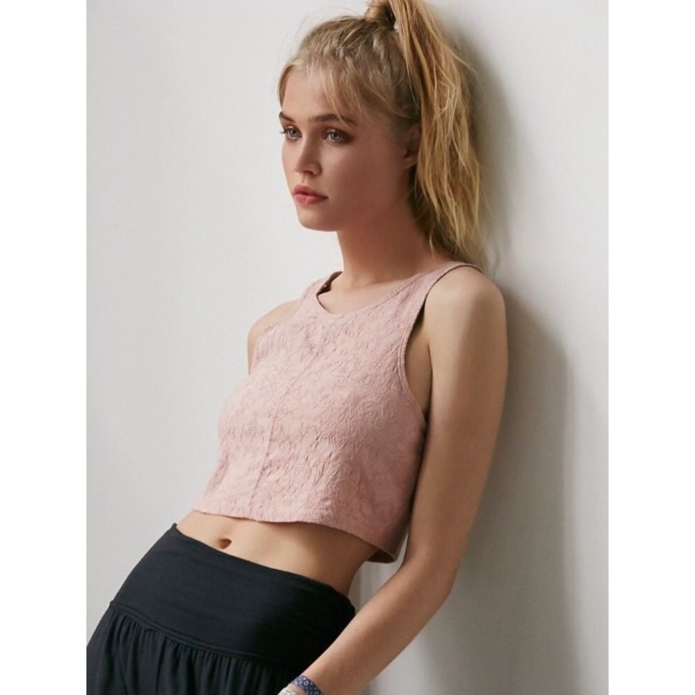 Free People Movement Blush Pink Floral Embroidery Activewear Crop Top